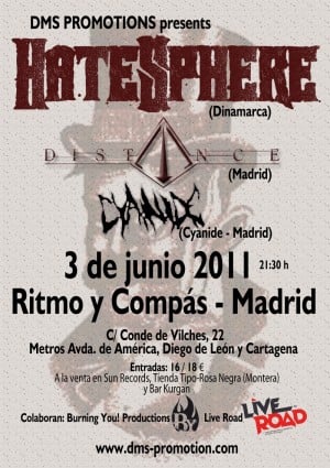 HATESPHERE + DISTANCE + CYANIDE ESTE VIERNES EN MADRID