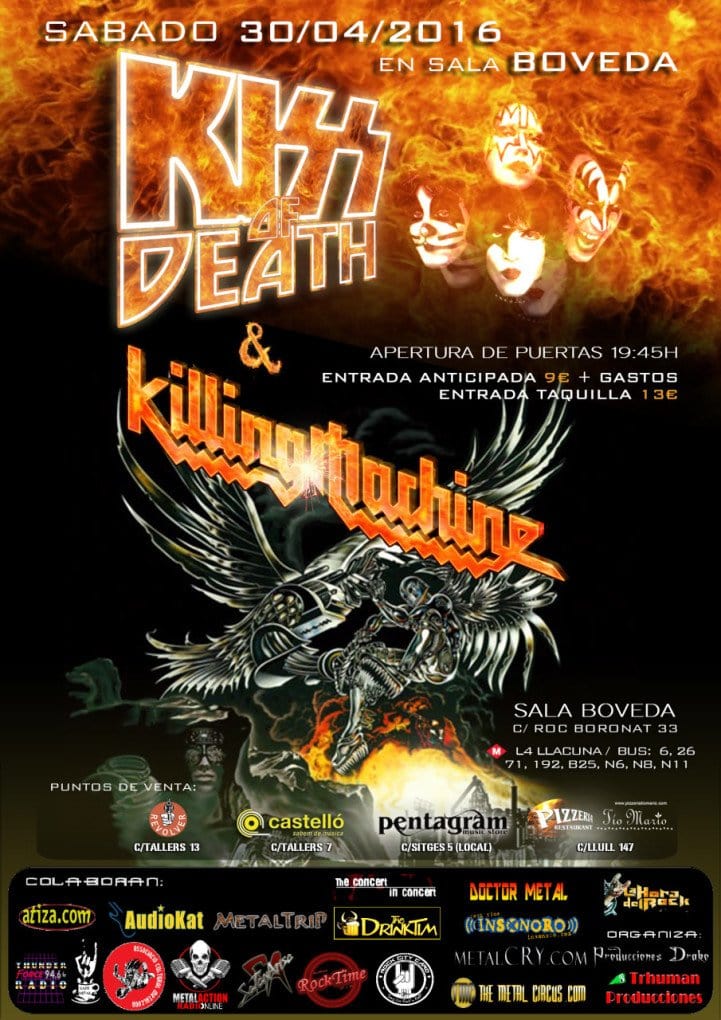 CARTEL KISS OF DEATH + KILLING MACHINE  BOVEDA    30-04-2016