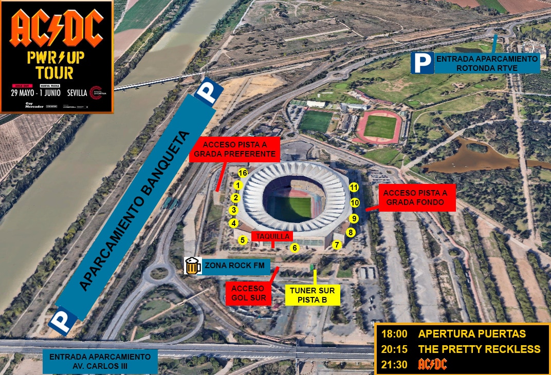 AC/DC já estão em Sevilha: horários e planta de aproximação ao concerto